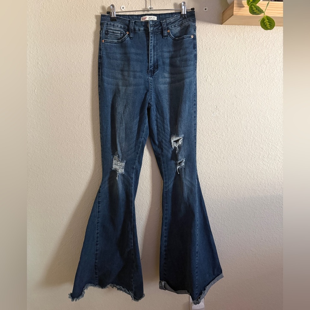 Dark Blue Distressed Flare Jeans